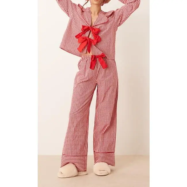 Women Ruffle Pajama Set Long Puff Sleeve Babydoll Shirt Pants Set Gingham 2 Piece Lounge Outfit Sleepwear, Matching Two Piece Set, Trendy Coordinated Outfit, Casual Holiday Suit Set