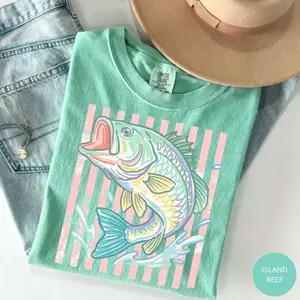 Comfort Colors Retro Bass Fish Tshirt, Pastel Fishing Graphic Tee, Preppy Coastal Lake Aesthetic Summer Shirt for Women -  AL