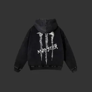 Monster Text Patchwork Graphic Hoodie | Heavyweight Fleece Streetwear Sweatshirt, Y2K Aesthetic Streetwear Oversized Sweatshirt