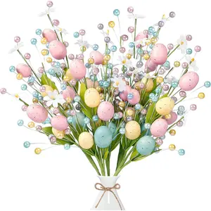 Set of 3 Artificial Easter Spring Berry Stems | Colorful Berry Stems with Easter Eggs and Leaves for Vase Arrangements | Easter Table Centerpiece and Home Decoration, Bendable Wire Stems, Suitable for Indoor/Outdoor Use, Ornaments