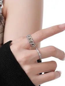 Sparkling Full Zircon Cuban Chain Ring for Women and Men Exquisite Hip Hop Open Adjustable Couples Ring Cuban Link Ring