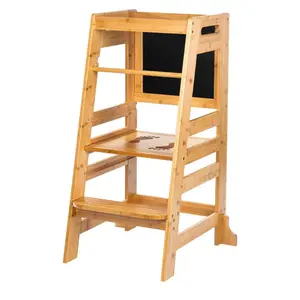 UNICOO Bamboo Adjustable Height Kids Kitchen Step Stool, Toddler Learning Tower & Helper Stool for Bathroom, Kitchen Counter - Designed for Toddler's Growth and Independence