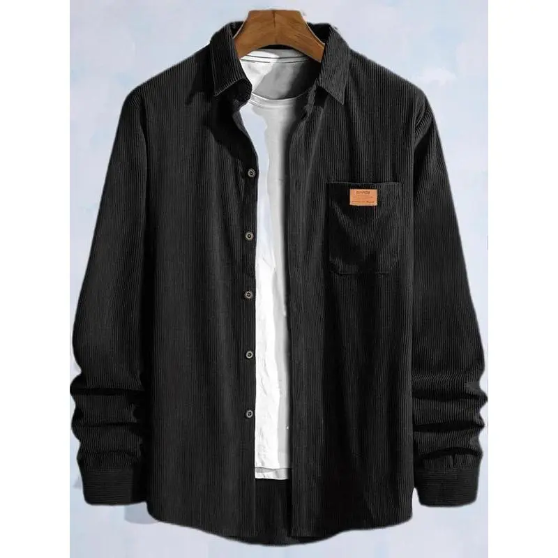 Men's Letter Patched Pocket Button Front Corduroy Shirt, Loose Casual Long Sleeve Collared Top for Fall & Winter, Men's Clothes for Daily Wear