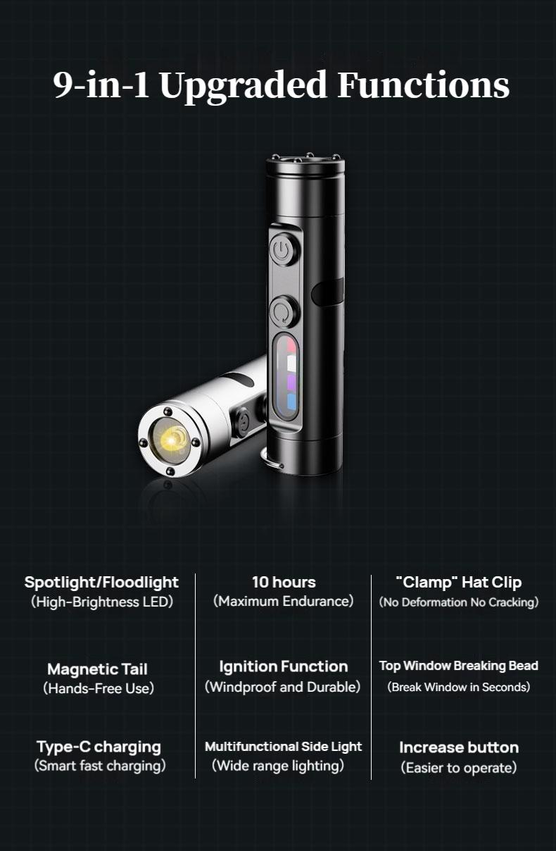 WAIORD K2 EDC Flashlight,500 Lumens, USB-C Rechargeable,Magnetic Base, 3 Color Sidelights, Red-Blue Strobe, Pocket  Flashlight,Fire Starter, Window Breaker, for Outdoor Camping, Emergency, Everyday Carry,Mini Keychain Light,car accessories