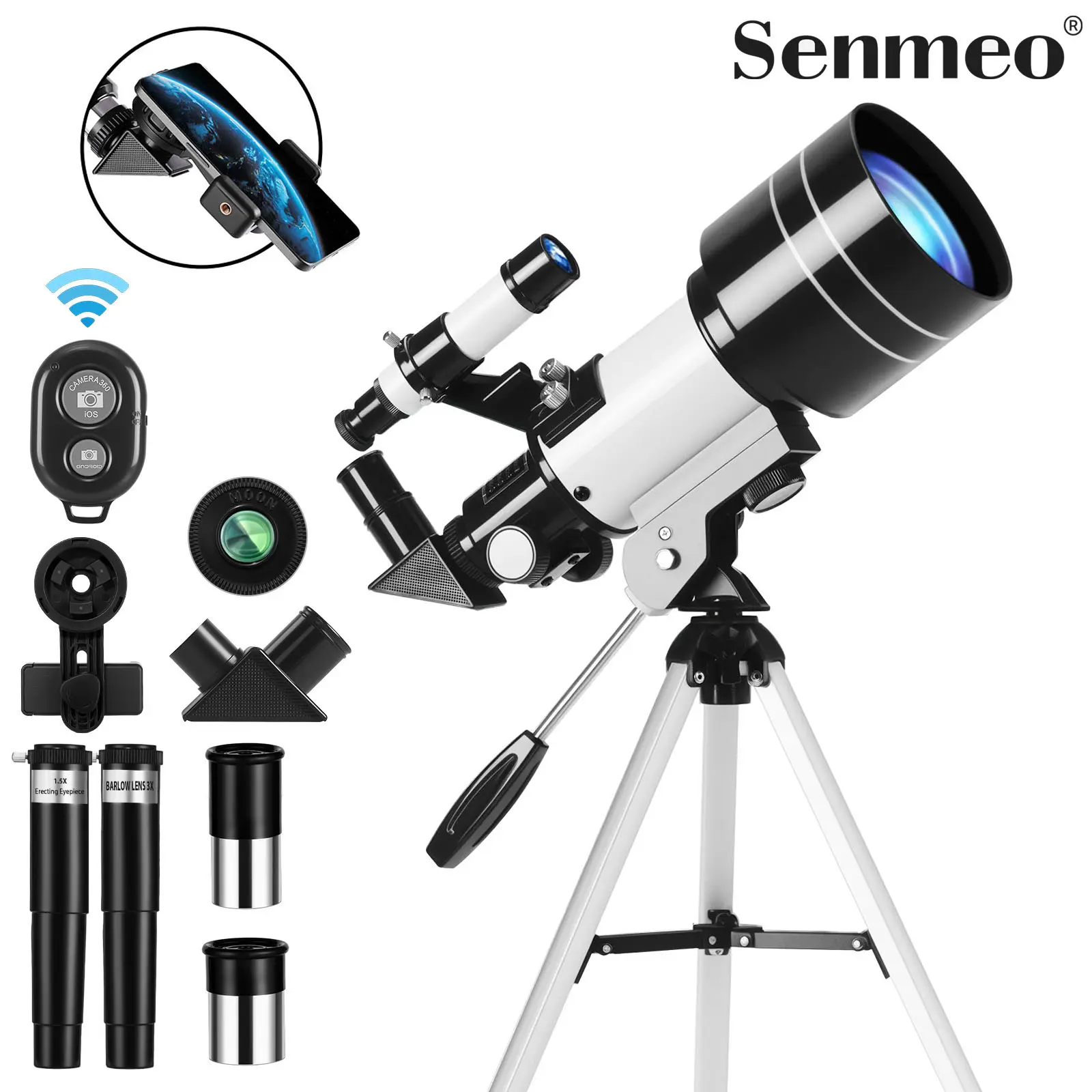Senmeo 70mm Refractor Portable Travel Astronomical Telescope for Adults, 15X-150X with Tripod, Phone Adapter & Remote, Camping Stargazing Tool, Beginners-Friendly Outdoor STEM Ideal Gift, Kids, Stem Gift
