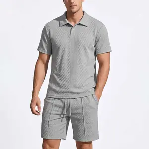 Men’s summer diamond jacquard polo short-sleeve top and shorts set, casual athletic two-piece set