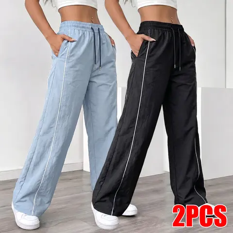 Women's 2-Piece Set Baggy Wide Leg Track Pants - Adjustable Elastic Drawstring Waist, Side Stripe, Lightweight Y2K Casual Loose Streetwear Parachute Pants (Black, Blue) for Everyday Style