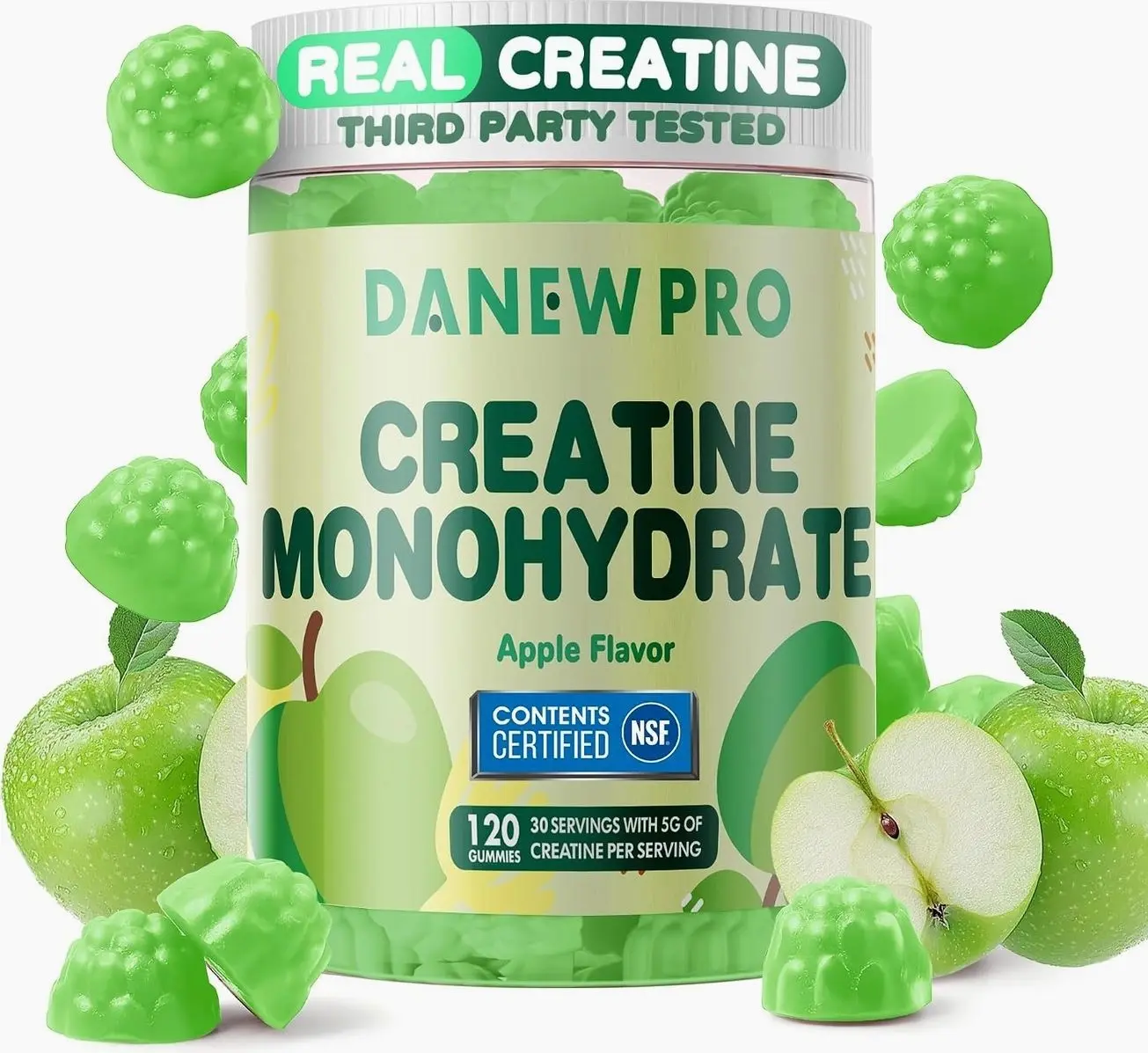 NSF Certified Creatine Gummy 5g - Creatine Monohydrate Gummies for Men & Women, Creatine Monohydrate for Muscle Strength, Muscle Builder, Energy Boost, Pre-Workout Supplement(120 Count)-Apple