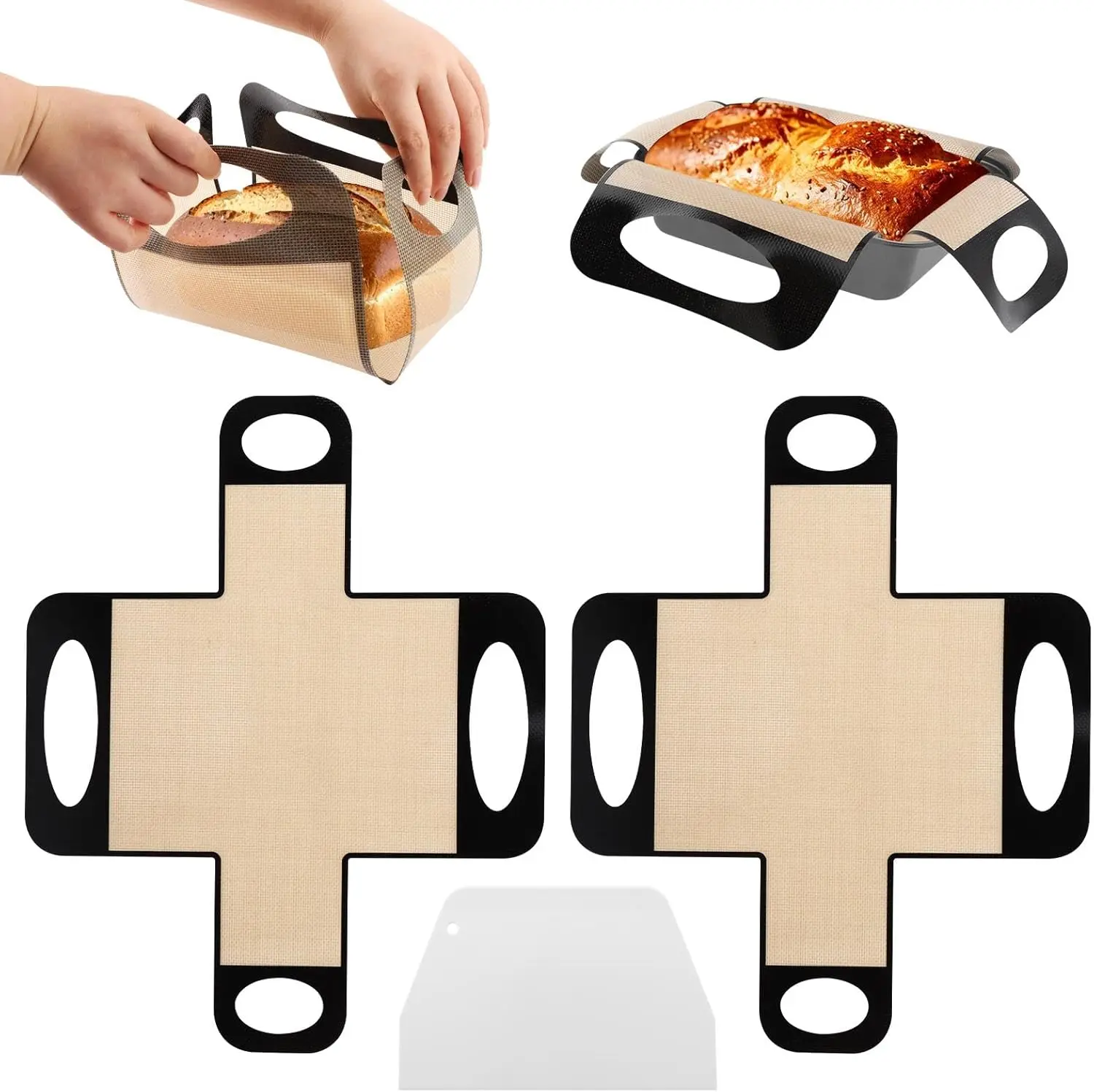 2PCS Silicone Bread Loaf Pan Liners, Food Grade Reusable Silicone Bread Sling, Non-Stick Dough Transfer Tool with 4 Handles Fits 9x5in Pans