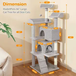 Light Grey 54in Cat Tower Indoor Kitten Furniture with 2 Condos & Funny Scratching Posts Multi-Level Activity Center