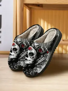 Unisex Skull Print Slippers, Soft Skin-Friendly Comfort, Casual Home Wear, All-Season Fall & Winter, Dark Art Style
