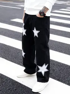 Men's Solid Color American Streetwear Style Embroidered Star Denim Jeans, Loose Casual Jeans for Daily Wear and Outdoor Activities