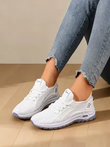 Women's Breathable Knit Lace-Up Sneakers - Sleek White Casual Trendy Walking Shoes for Everyday