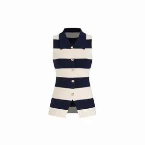 Cider Knit Collar Two Tone Striped Split Tank Top With Metal Button SummerWins Dealsforyou
