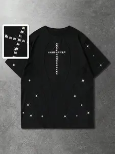 Gothic Rhinestone Cross Black T-Shirt for Men Women - Y2K Cybercore Streetwear Top with Sparkling Studded Detail - Edgy Dark Aesthetic Oversized Tee for Night Out & Clubbing - Premium Structured Seam Apparel