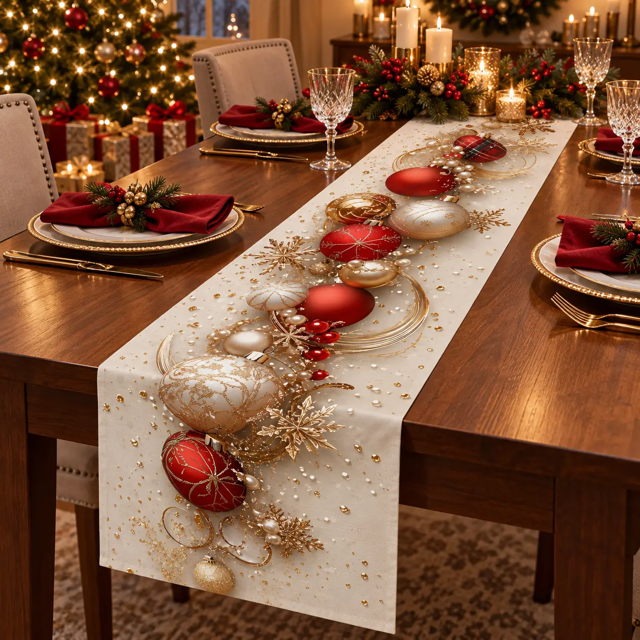 1pc Christmas Themed Table Runner Adorned with Snowflakes, Round Colorful Ornaments Rich Festive Atmosphere Perfect for Christmas Gatherings