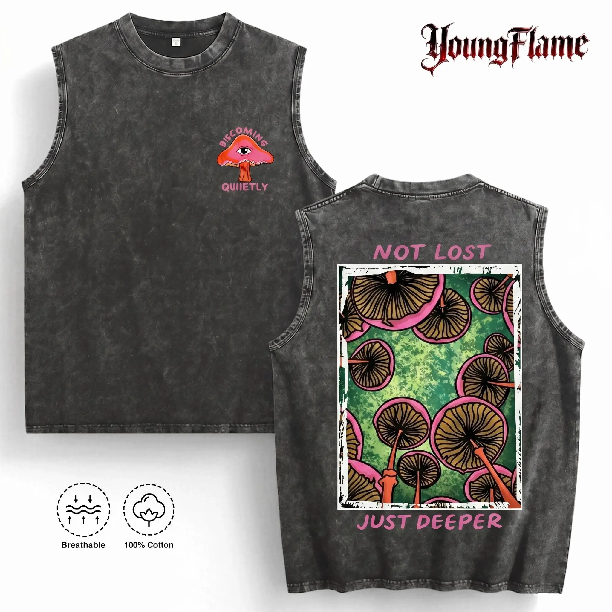 Indie Aesthetic Tank Top, Unisex Mushroom Graphic Print Shirt in Soft 100% Cotton, Casual Breathable Menswear