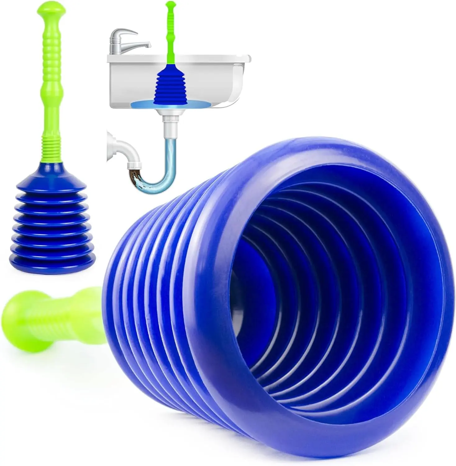 Sink Plunger Kitchen - Sink Plunger Bathroom - Drain Bathtub or Shower - Large and Powerful Clog Remover - Commercial Style Plumbers Plungers with Large Bellows - Blue Green - Grande