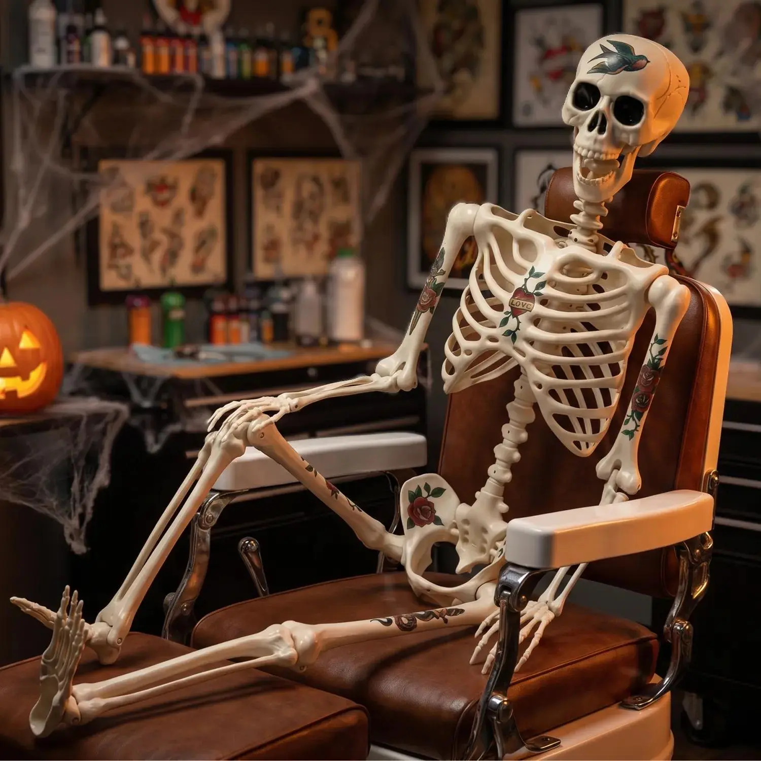 Life-Size Posable Skeleton with Tattoos Halloween Decoration, 5 Ft.