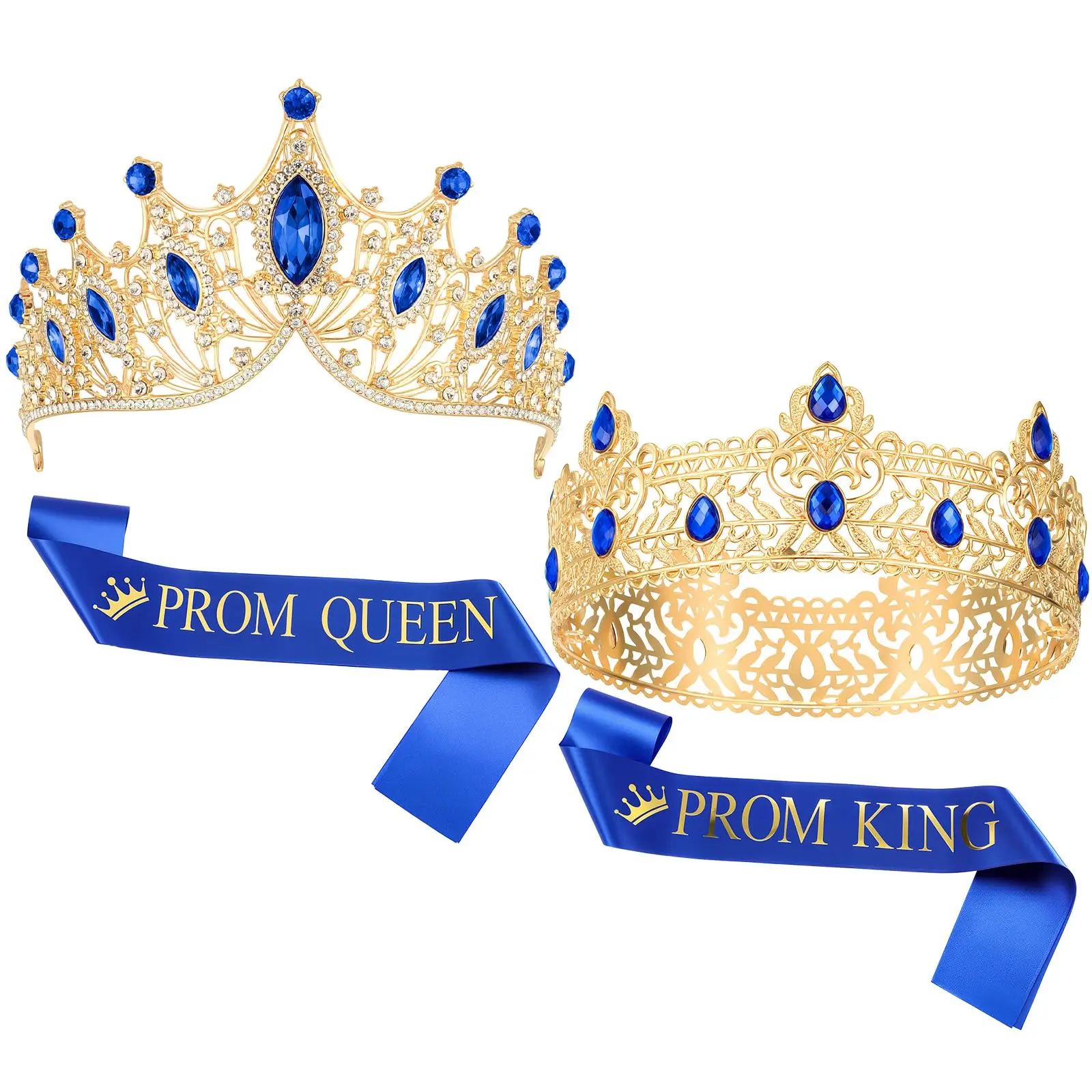 4 Pcs Unisex Alloy Prom King & Queen Crowns-Sashes Set - 13.5*8cm Dance Majesty Tiara-Sash Kit with Blue Diamonds for Prom Events, Birthday, 80’s Theme Party