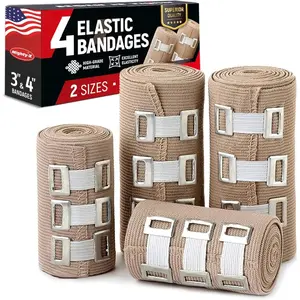 Premium Elastic Bandage Wrap 4pk (23in, 24in) + 12 Etra Clips Strong Compression Bandage Wrap for Leg, Arm, Wrists, Elbow, Ankles, Feet and Knees for First Aid Kit and After Surgery Recovery