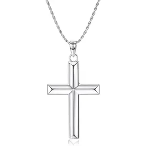 Sterling r Cross Necklace for Men Women, 2mm Durable Diamond-Cut Sterling Silver Chain with Beveled Edge Cross Pendant, Mens Silver Gold Crucifix Pendant Necklace Jewelry 16-24 Inches