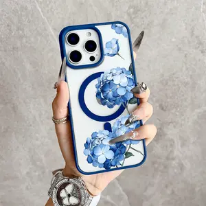 Blue Hydrangea Pattern Magnetic Snap Case for iPhone 17/16 Pro Max 15 Pro 14 13 12 Mini 11 XR XS Plus SE Shockproof Slim Protective Cover