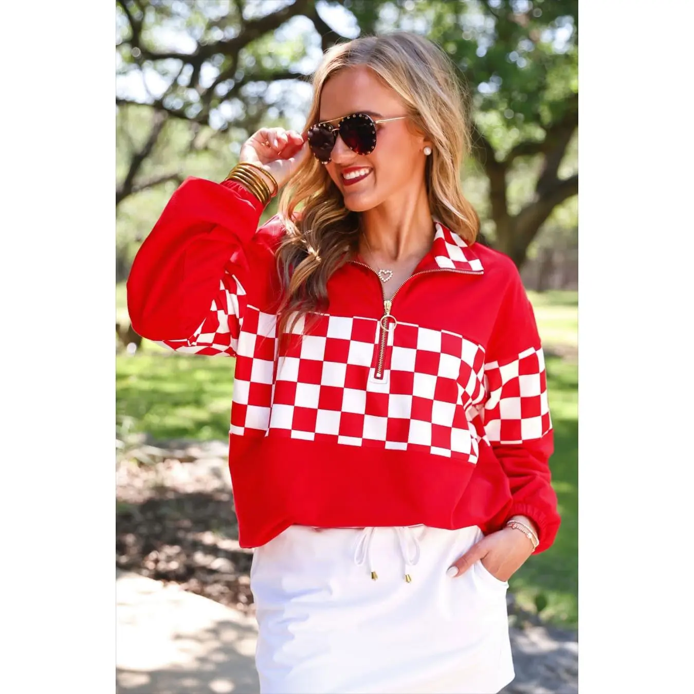 End Zone Checkered Pullover- Red