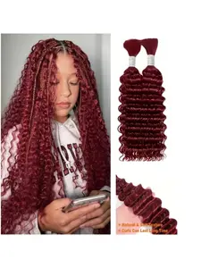 Burgundy Human Braiding Hair Deep Wave Bulk Human Hair Weave 2 Bundle Unprocessed Brazilian Virgin Hair 99J Wine Red Deep Curly Braiding Hair Extensions 50 Grams/Bundle