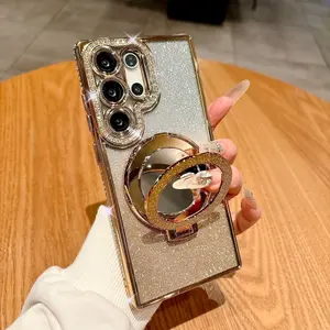 Luxury Glitter Mirror Ring Holder Protective Case for Samsung S25 Edge S24 S25 FE S23 S22 Ultra Plus Wireless Charging Plating Cover Protector Cellphone