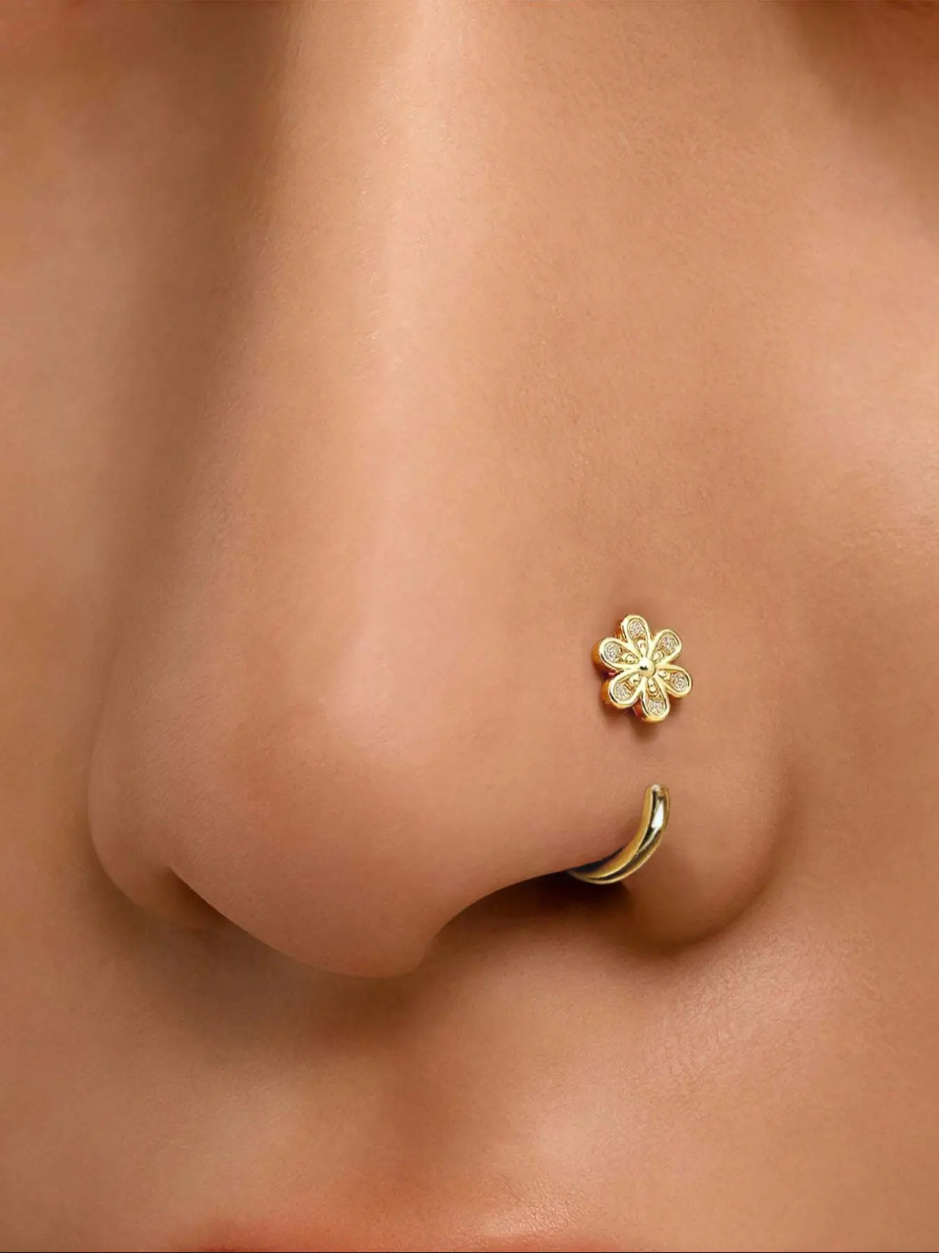 18k Gold-Plated Cute Flower Nose Ring, 20g C Shape Zircon Inlay, Small Nostril Jewelry for Daily Wear, Body Jewellery, Stylish Nose Stud Accessory, Nostril Hoop Rings