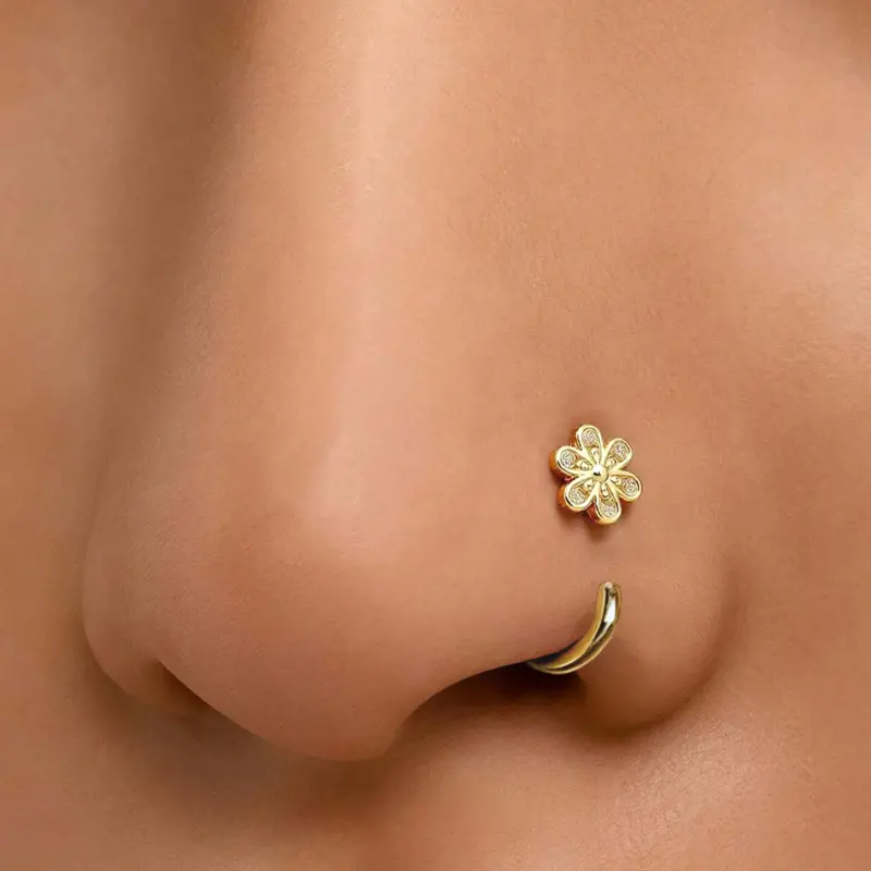 18k Gold-Plated Cute Flower Nose Ring, 20g C Shape Zircon Inlay, Small Nostril Jewelry for Daily Wear, Body Jewellery, Stylish Nose Stud Accessory, Nostril Hoop Rings