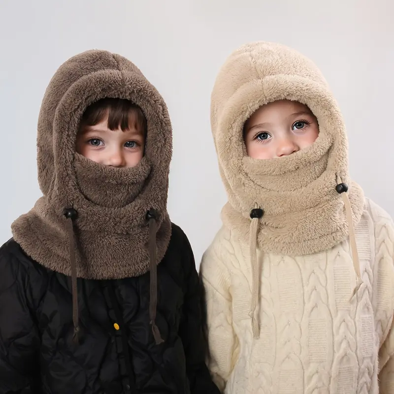 Kids' Windproof Thermal Balaclava Full Face Mask (Ages 3-10) - Soft Fleece, Detachable Hood Collar, Neck Warmer Hat, Motorcycle Protective Gear, Neck-to-Face Cover, Windproof Seal, Hand Wash (Black, Khaki, Pink) - Khaki 1