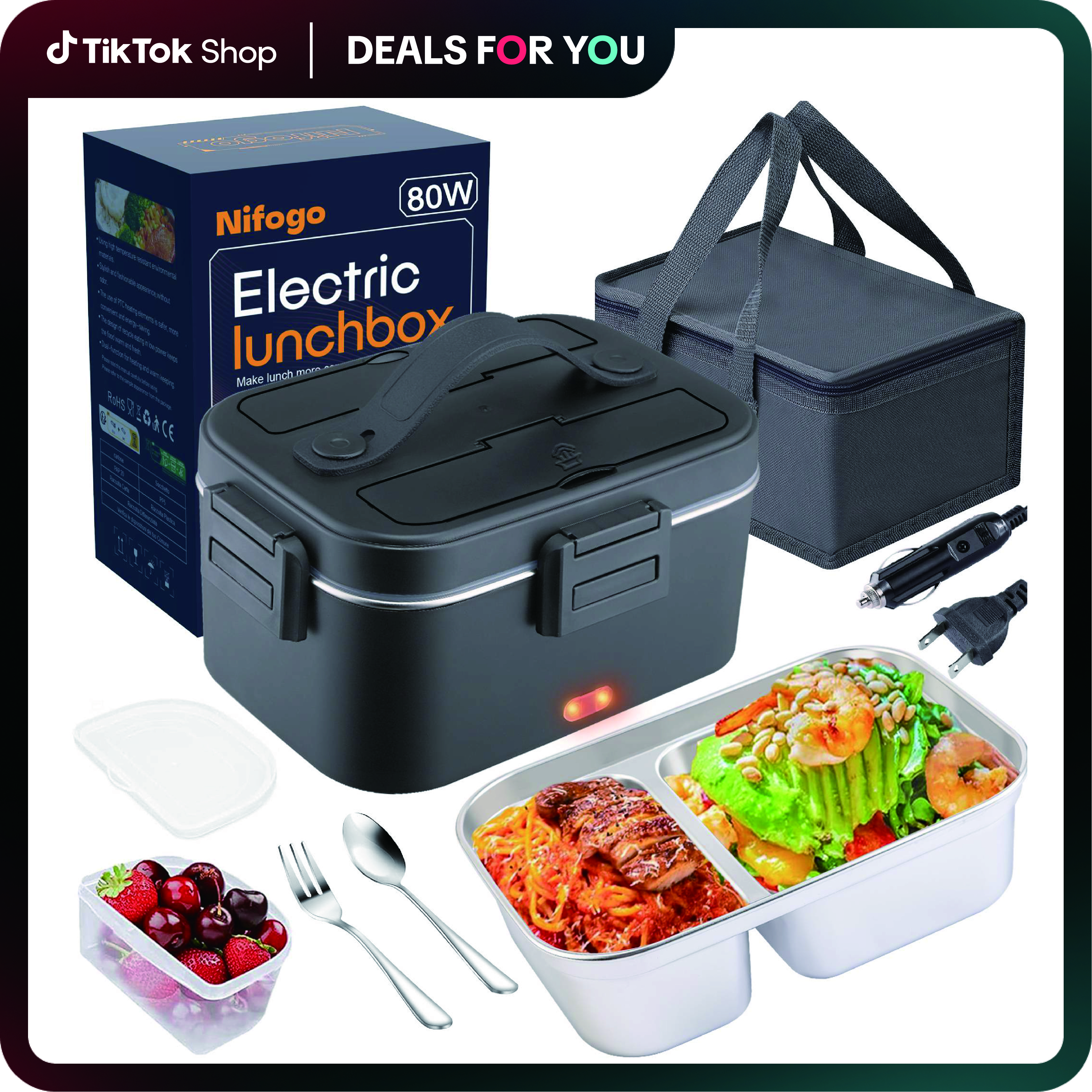 Electric Lunch Box Food Heater 80W，12V/24V/110v Self Heating LunchboxFor Work/Car/Truck with insulated Bag，1.5/1.8L,dealsforyoudays Warmer Lightweight