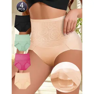 QUASTI 4pcs High Waisted Briefs For Women, Comfortable & Breathable Underwear High Elasticity Material Lift Buttocks & Repair Abdomen Underwear, No Buttocks & Curled Edges Elegant Pattern Design Back To School Gifts