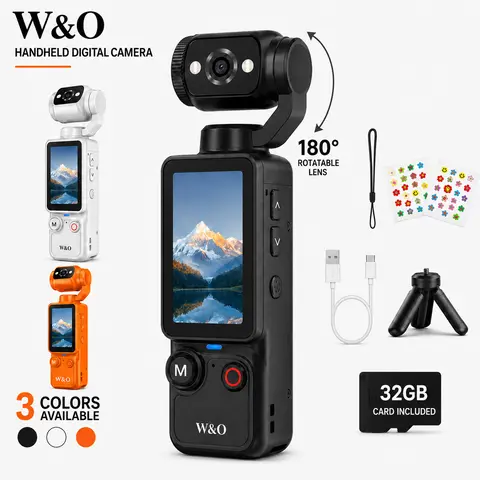 W&O Q7 Portable Handheld Digital Camera with 180° Rotating Lens, Autofocus, 1.9" Screen, 32GB Memory Card and Mini Tripod, USB-C Rechargeable Camera for Travel, Selfies and Daily Recording pocket