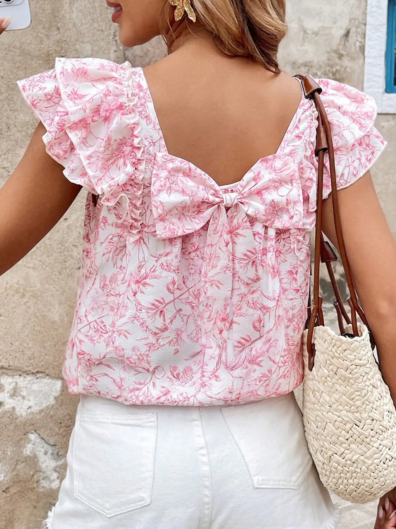 Summer Elegant Ditsy Floral Ruffle Short Sleeve Top with Back Bow Square Neck, Women's Feminine Casual Chic Fashion Blouse Shirts, Perfect for Daily Wear, Womenswear