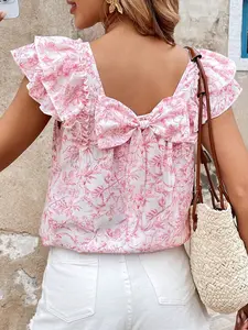 Summer Elegant Ditsy Floral Ruffle Short Sleeve Top with Back Bow Square Neck, Women's Feminine Casual Chic Fashion Blouse, Perfect for Daily Wear