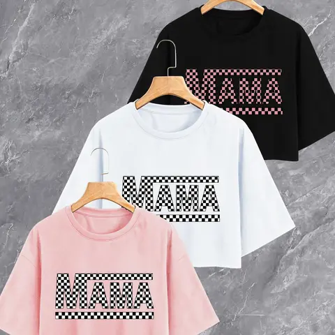 Women's Letter Print Round Neck Crop Tee, Casual Short Sleeve Crew Neck T-shirt for Summer, Fashion Women's Top for Daily Wear, Casual Everyday Tee, Clothing