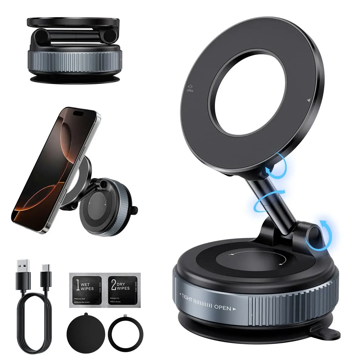 Upgraded Magnetic Phone Holder,Unpowered Version 360° Rotatable Adjustable and Foldable Magnetic & Vacuum Adsorption Car Holder, No Noise for iPhone &