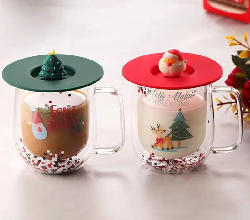 New Year's Snowman Glass Coffee Cups Double-Layer Insulated Plastic Mug with Santa & Christmas Tree Designs Christmas Gift Festive Drinkware