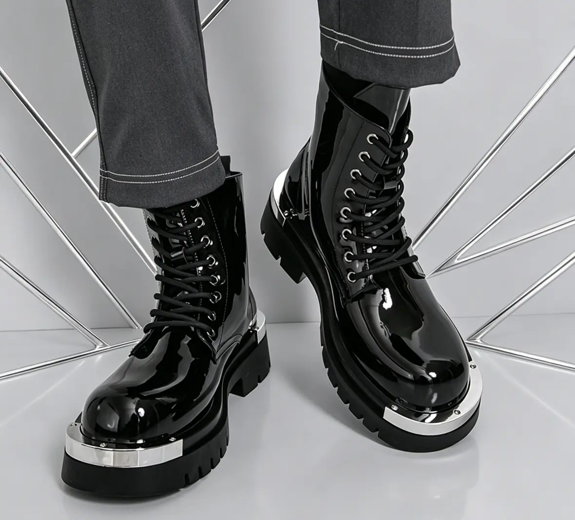 Men’s Lacquered Leather Combat Boots - High-Top Shoe with Laces, Thick Sole, Side Zipper, Comfortable Round Toe, Punk Outdoor Motorcycle Footwear, Closed
