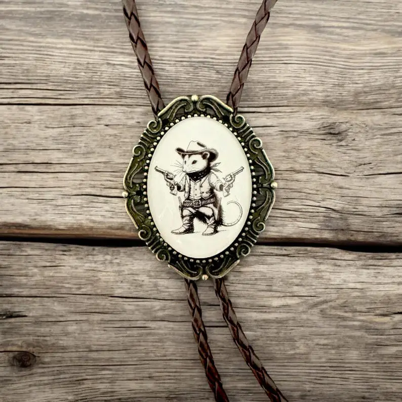 Opossum Bolo Tie: Western Cowboy Jewelry, Leather Cord Wedding Groomsmen