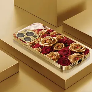 Gold Electroplated Full-Screen Smartphone Casing with Red Rose Pattern - Cellphone Handheld Accessories for iPhone 11,12,13,14,15,16,17 Plus Pro Max