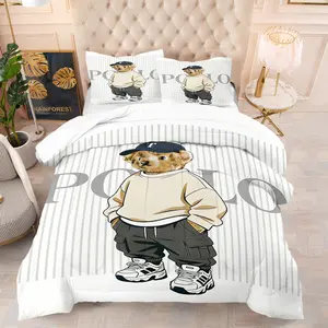 Teddy bear printed pattern bedding set, including 1 blanket and 1 or 2 pillowcases without pillowcases, soft children's or adult bedroom decoration gift, Soft Bedding Sets