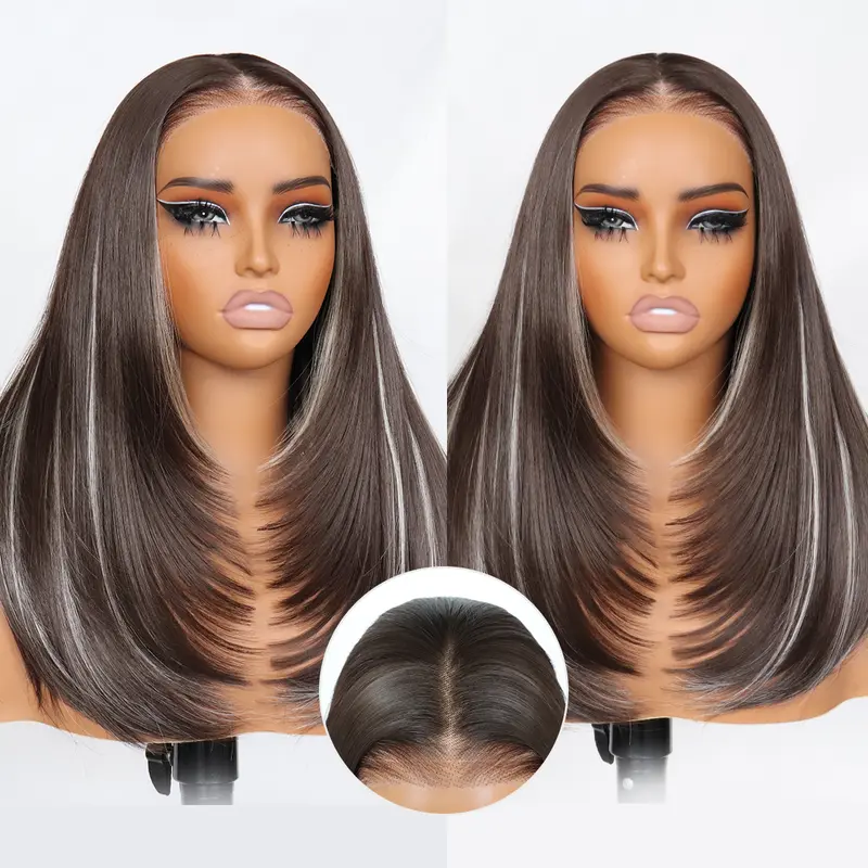 U&A Synthetic Short layered cut 9x7 Lace Front Wig 14 Inch,Glueless Wear And Go Pre Plucked Pre Cut Straight Wig Natural Hairline with Tiny Knots Premium Fiber