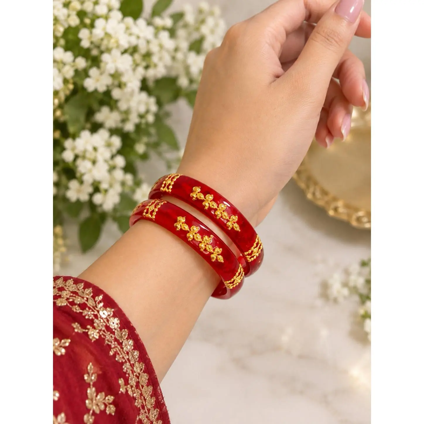 Glass Bangles Set - Red with Gold Floral Design for Women's Fashion Accessory