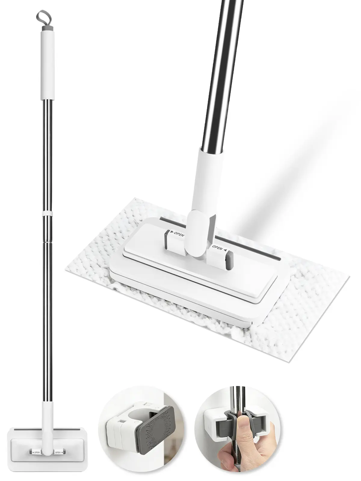 HOLAMOPA Snap Grip Mini Mop with 20 Reusable Cloths, 50 Inch Adjustable Lazy Mop, Hands Free Cloth Changing Flat Mops with Wall Hook for Wet Dry Floor Wall Bathroom Kitchen Corner Cleaning