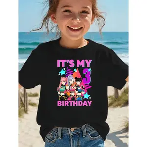 MAWOTEA IT'S MY BIRTHDAY Pattern T-shirt, Fun K-POP Theme T-shirt, Ideal Gift for Birthday, Black Size 4Y-13Y