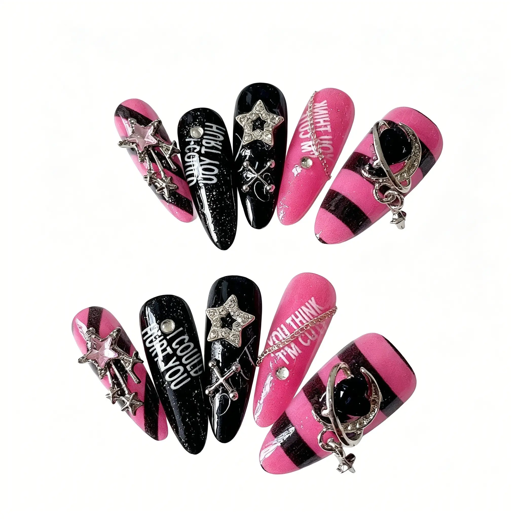 Handmade Press on Nails Set, Long Stiletto Shape Fake Nails, Glittering Fake Nails, Decorative Nails, Diy Nail Art, Stripe Pattern, Silver Glitter Polish, Rhinestones, All Seasons Nail Supplies